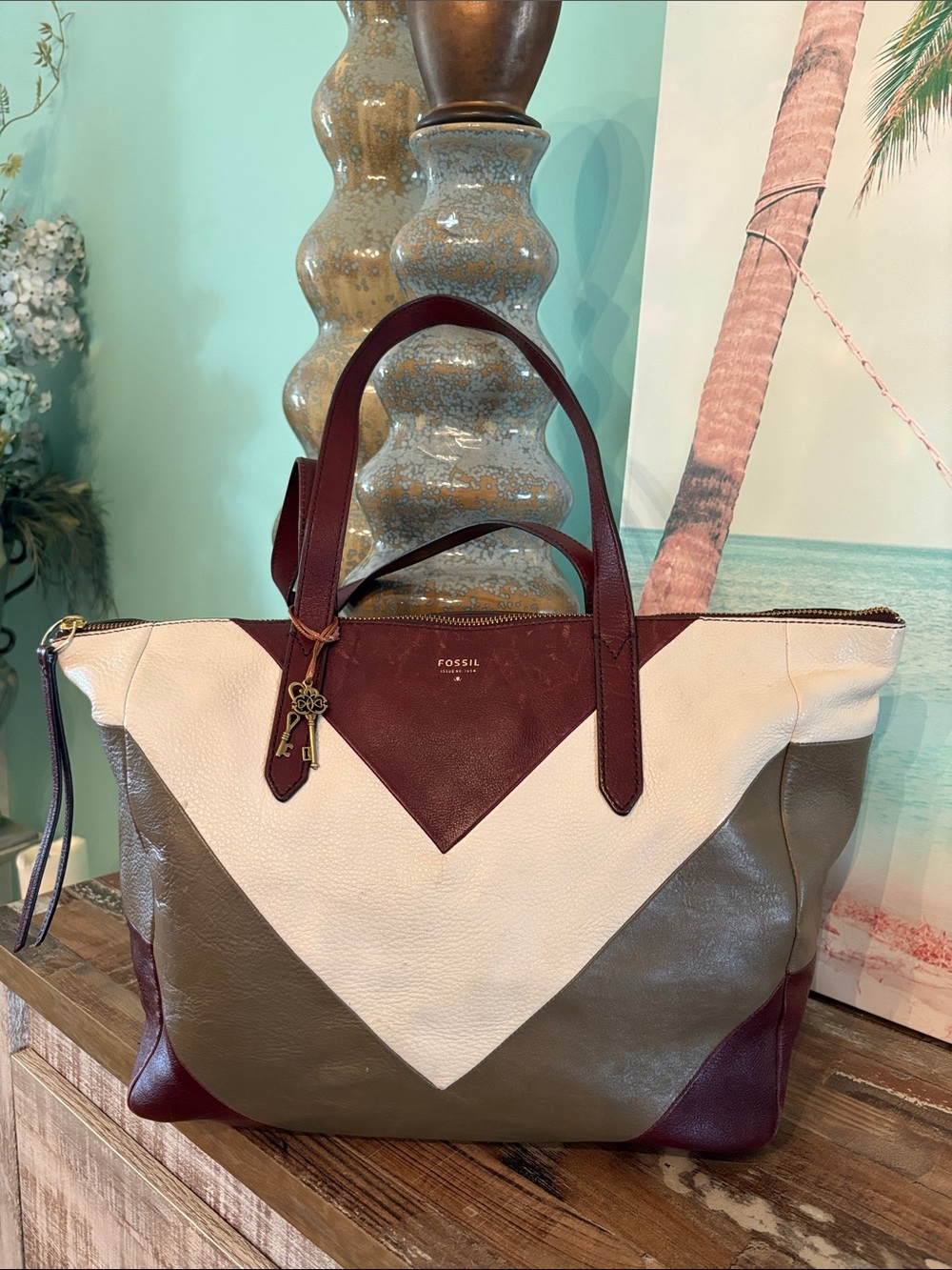 Fossil Sydney chevron Leather Tote in Burgundy, Cream & Taupe, olive bag